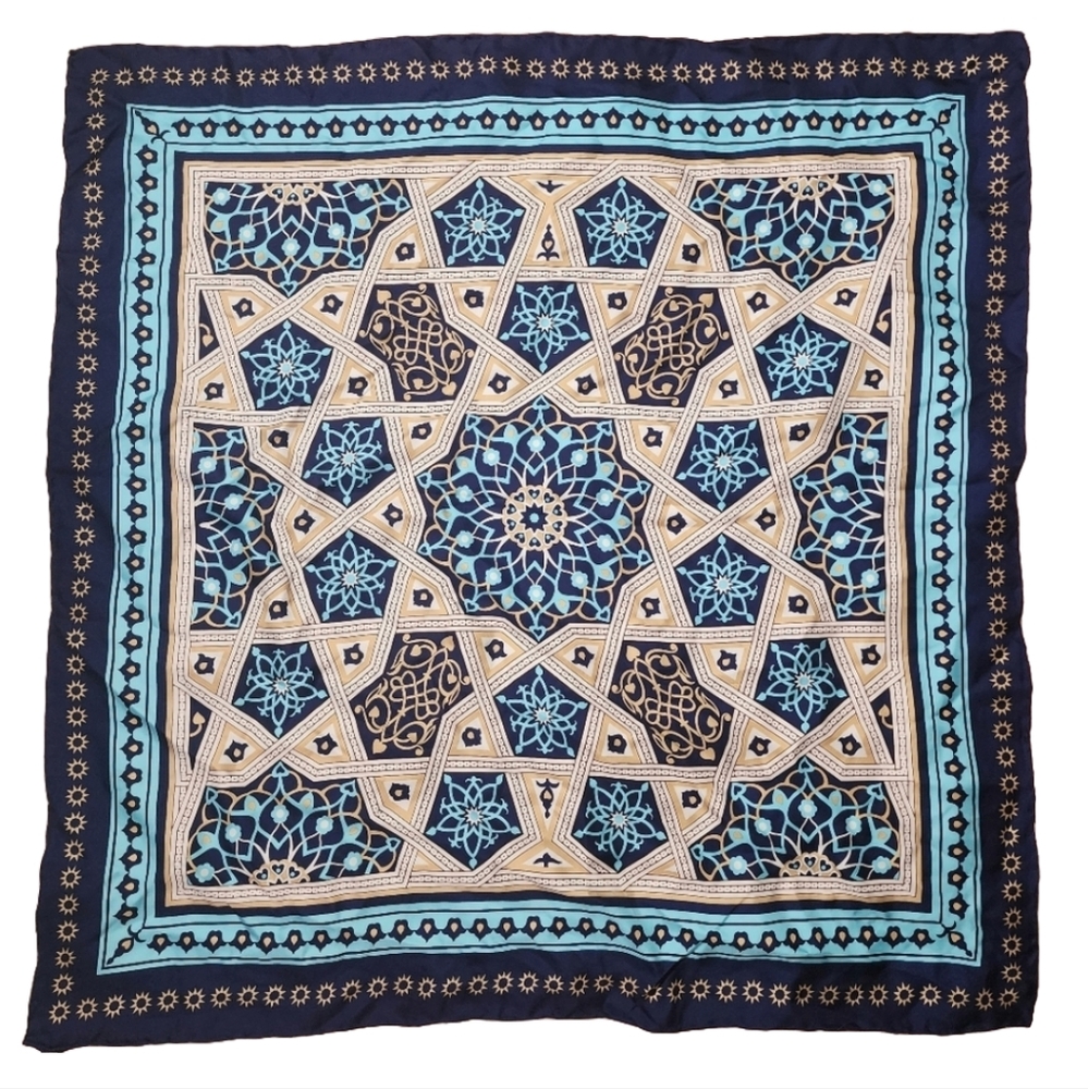 The British Museum 100% silk scarf blue geometric